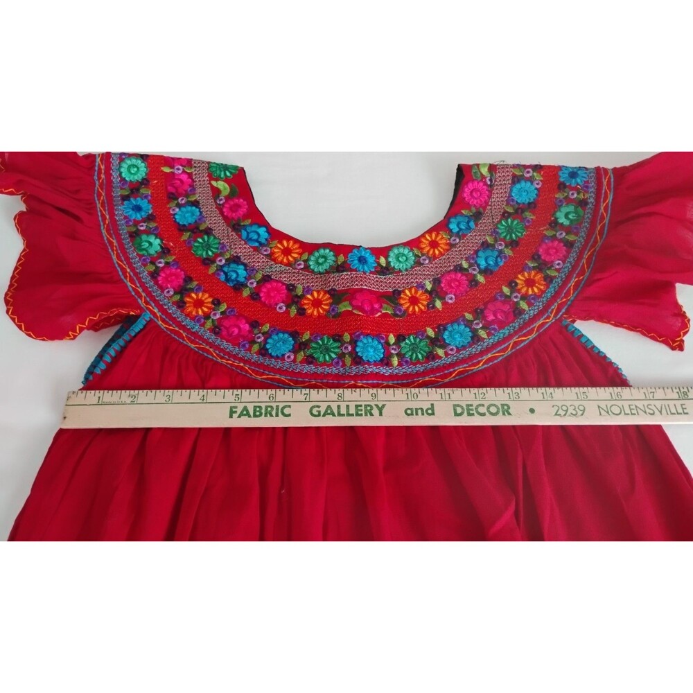 Red Embroidered Dress Women's Boho Peasant Oaxaca Huipil Floral Mini Sz S - Picture 8 of 9
